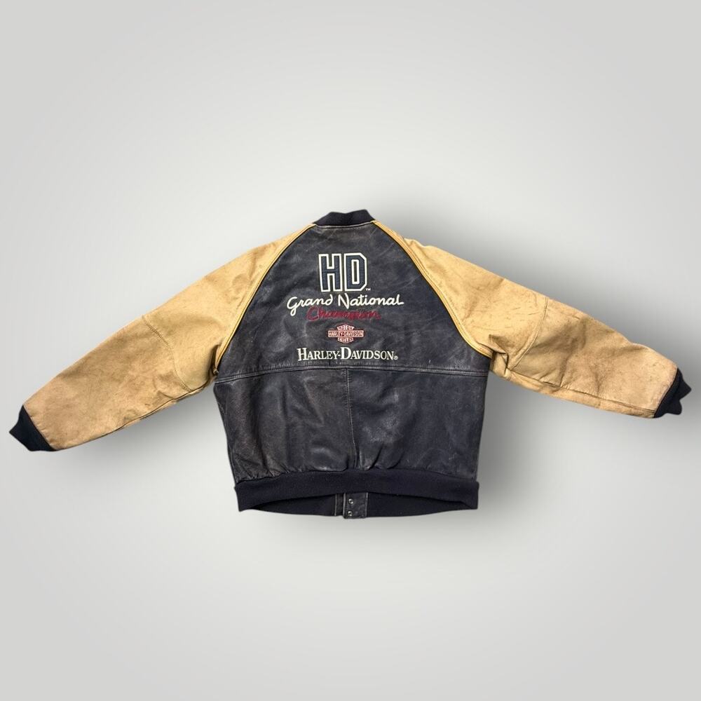 Harley Davidson Leather Jacket Mens XL Vintage Grand National Champion Big Logo - Picture 2 of 16
